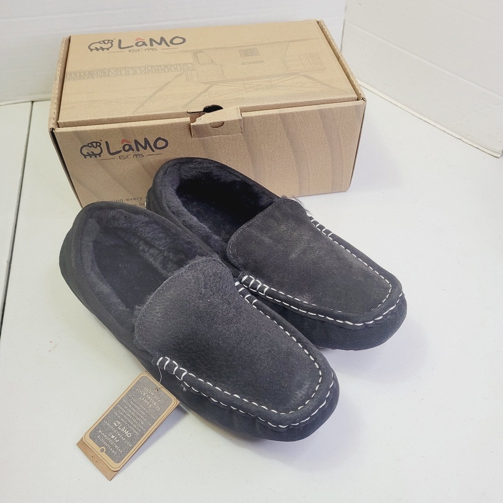 Lamo Men's Moccasin Slippers Size 11 Black Suede Faux Fur Lined House Shoes